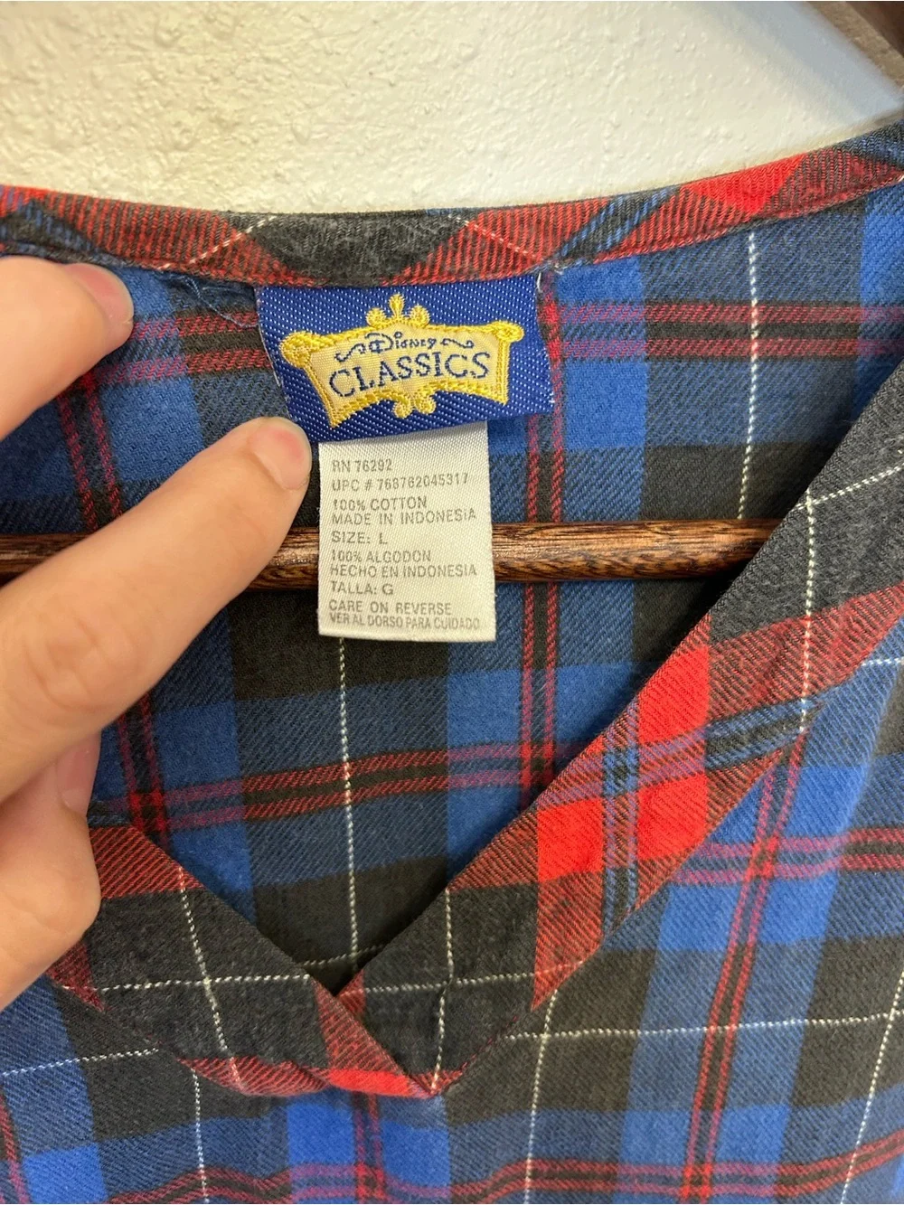 Vintage Disney Dopey Embroidered Blue/Red Plaid Long Sleeve Flannel Nightgown - Picture 4 of 7